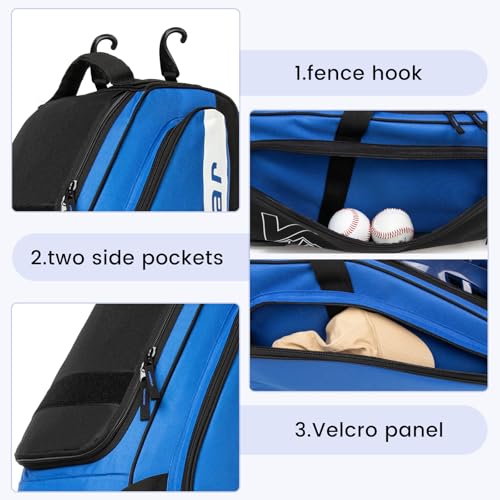 Catchers Gear Bag with Wheels for 4 Bats, Rolling Baseball Softball Bag With Multi-Pockets, Fence Hook, Holds All Baseball Equipment. - color: Blue