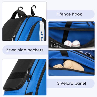 Catchers Gear Bag with Wheels for 4 Bats, Rolling Baseball Softball Bag With Multi-Pockets, Fence Hook, Holds All Baseball Equipment. - color: Blue