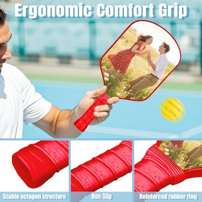 Custom Pickleball Paddles with Photo Text Logo, Personalized Pickleball Paddles with Comfort Grip, Personalized Gifts for Beginners, Lover, Boyfriend, Men (Only One Paddle) - color: red