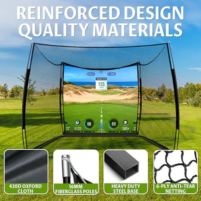 Golf Net, 11x8ft Golf Simulator Hitting Net with Impact Screen and Target Cloth, Heavy Duty Spacious Practice Cage for Drivingb bSwing, Home Backyard Garage Indoor Outdoor Use