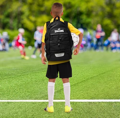 Spalding Soccer Backpack Sports Bag, Black Soccer Bag with Ball and Shoe Compartment, Use for Track Bags, Basketball Sport Ball Accessories & Stuff, Gifts for Sports Players