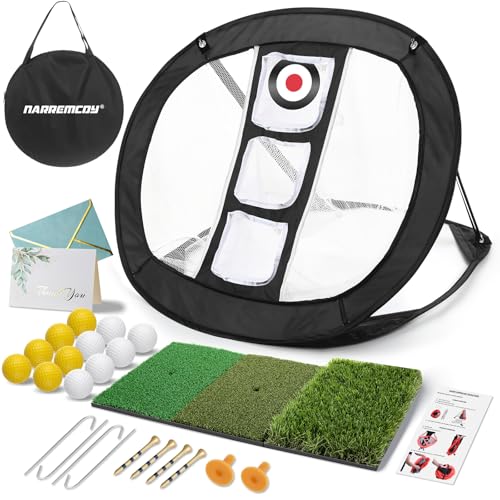 Golf Chipping Net with Tri-Turf Hitting Mat Set - Foldable Practice Target, 12 Foam Balls & 6 Tees in Carry Bag - Indoor Outdoor Backyard Golf Precision Training Gift & Aid for Beginners