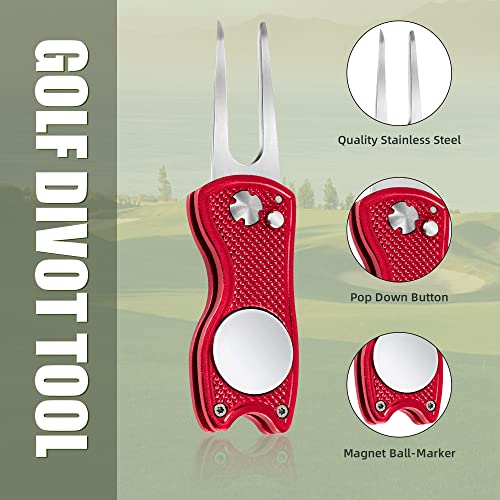 Mile High Life Golf Divot Repair Tool, All Metal Foldable Divot Tool with Pop-up Button & Magnetic Ball Marker, 2-6 Pack - color: Black/Red
