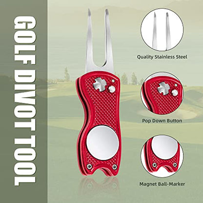 Mile High Life Golf Divot Repair Tool, All Metal Foldable Divot Tool with Pop-up Button & Magnetic Ball Marker, 2-6 Pack - color: Black/Red