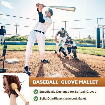 Hollowfly Baseball & Softball Glove Mallet-12 Inch Wooden Hammer with Leather Rope, Durable Glove Pocket Break-in Tool