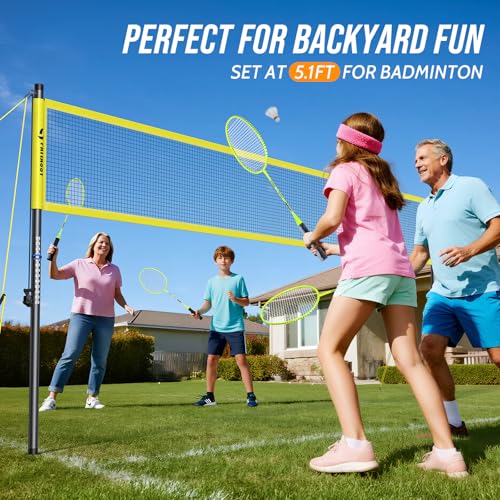 Outdoor Volleyball Net System for Backyard, Adjustable Height (5.1–8FT) & Width (20–32FT), Anti-Sag Tension System, 2-in-1 Badminton Combo Set with Carry Bag, Rackets & Shuttlecocks