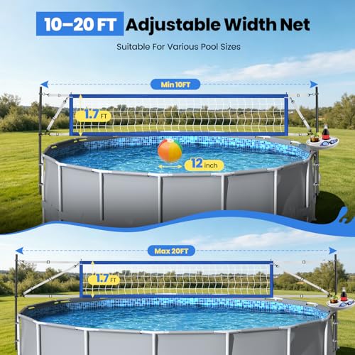 Above Ground Pool Volleyball Net Set with Storage Tray - Swimming Pool Volleyball Net for Pool with Adjustable 10-20FT Width Anti-Sagging Net - Outdoor Poolside Games with Ball, Pump, Poles - style: Above Ground Pool Volleyball Net