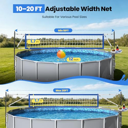 Above Ground Pool Volleyball Net Set with Storage Tray - Swimming Pool Volleyball Net for Pool with Adjustable 10-20FT Width Anti-Sagging Net - Outdoor Poolside Games with Ball, Pump, Poles