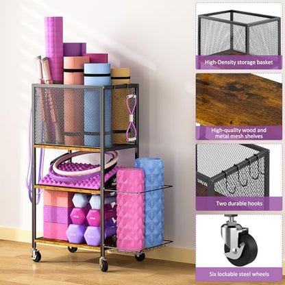 Dumbbell Rack, Yoga Mat Storage Holder, Home Gym Storage Rack, Workout Equipment Storage Organizer, Weight Storage Holder Rack with Hooks and Wheels - size: 3 Tier
