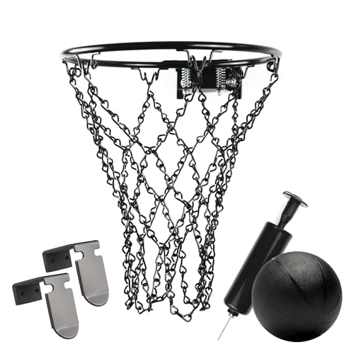 Black Mini Basketball Rim Set, Includes: Chain Net, 2 Door Hooks, Ball, Ball Pump, Screws, 9-inch Hoop with 6 Hooks