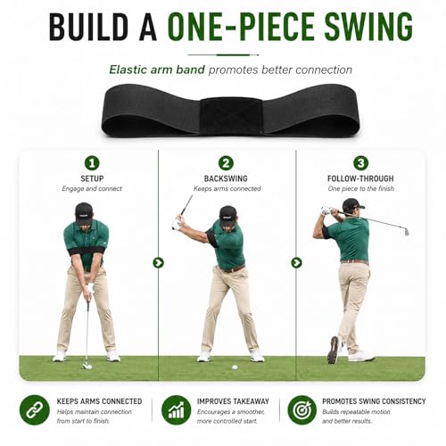 Golf Swing Trainer Aid for Right Handed, Retractable Golf Practice Tool with Click Feedback - Golf Training Aid Includes Wrist Alignment Brace & Correcting Arm Band, Power & Rhythm Training