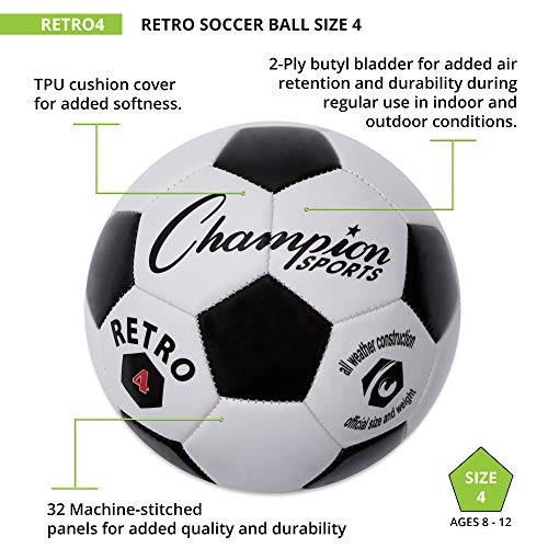 Champion Sports Retro Soccer Ball – Sizes 3, 4, 5, Soft Touch, All Weather, Official Size & Weight Ball for Training, Games, Outdoor & Indoor Play - size: Size 4