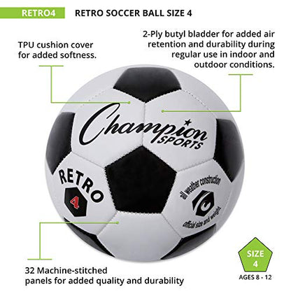 Champion Sports Retro Soccer Ball – Sizes 3, 4, 5, Soft Touch, All Weather, Official Size & Weight Ball for Training, Games, Outdoor & Indoor Play - size: Size 4