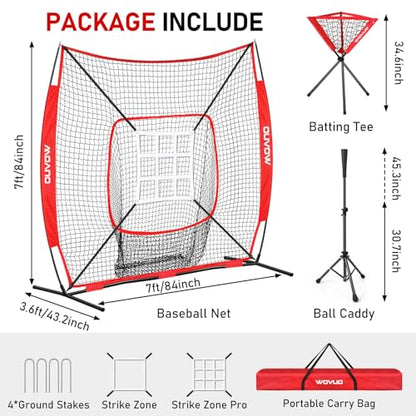 7x7 ft Baseball Net for Batting Pitching Hitting, Softball Pitching Net with Strike Zone, Tee, Ball Caddy, Softball Batting Net Baseball Training Equipment for Kids Adult Youth Sport Practice - color: Red