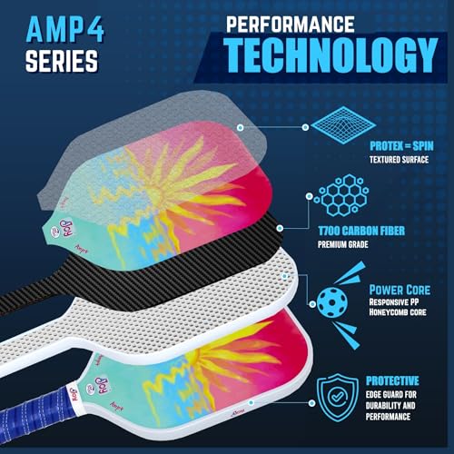 4Joy AMP4 Pickleball Paddle – T700 Carbon Fiber, Lightweight 7.5 oz, Wide Face for Control, 14mm Core, Beginner to Low-Intermediate - USAP Approved - style: Sunset