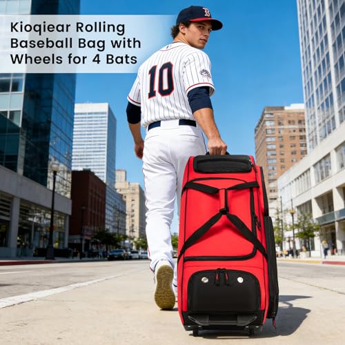 Catchers Gear Bag with Wheels for 4 Bats, Rolling Baseball Softball Bag With Multi-Pockets, Fence Hook, Holds All Baseball Equipment. - color: Red