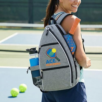 Personalized Pickleball Sling Bag Custom Paddle Backpack with Name or Logo Lightweight Durable Sports Gear Bag for Men Women Adjustable Strap Water Bottle Pocket Fence Hook Storage