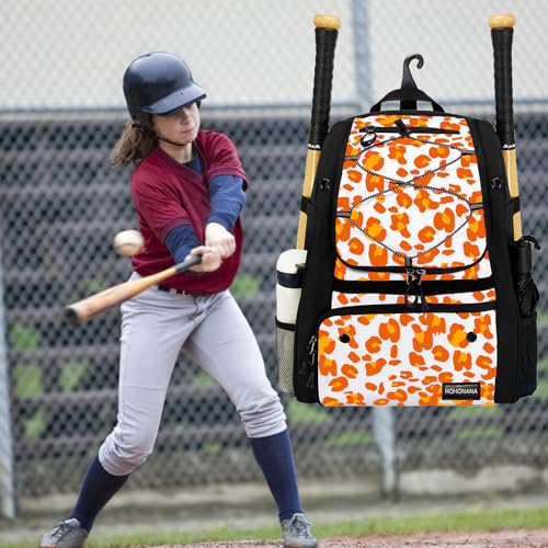 Youth Softball Equipment Bag with Vented Shoe Compartment, Baseball Bat Bag, Fence Hook, for Batting Mitten, Helmet, Teeball Gear, Adult Boys Girls Kids - color: Orange Leopard