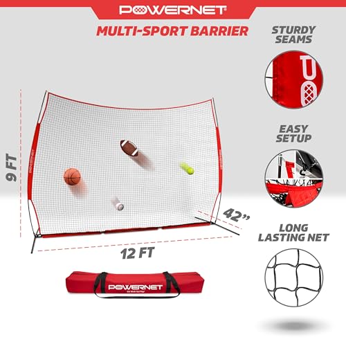 PowerNet Portable Sports Rebounder -Basketball, Volleyball, Soccer, Baseball, Softball and Lacrosse, Backyard & Garage Backstop, Indoor Outdoor Safety Net for Protection - style: 12x9 RED Net