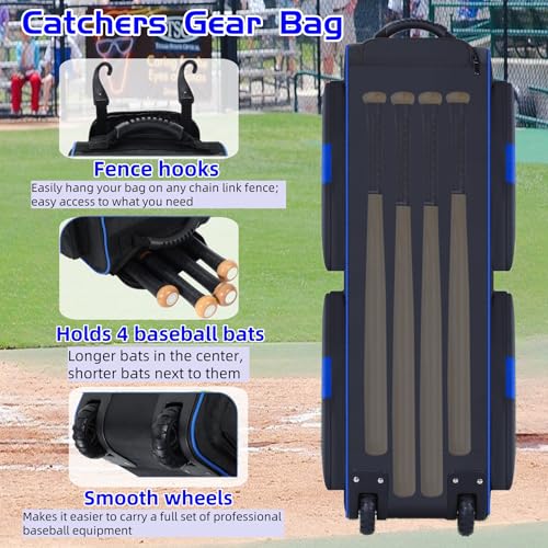 Rolling Baseball Bag with Wheels, Large Catchers Gear Bag for 4 Bats and Equipment,Separate cleats Compartment, Multi-Pockets & Fence Hook, Portable Softball Baseball Bat Bags for Youth Adult