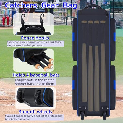 Rolling Baseball Bag with Wheels, Large Catchers Gear Bag for 4 Bats and Equipment,Separate cleats Compartment, Multi-Pockets & Fence Hook, Portable Softball Baseball Bat Bags for Youth Adult
