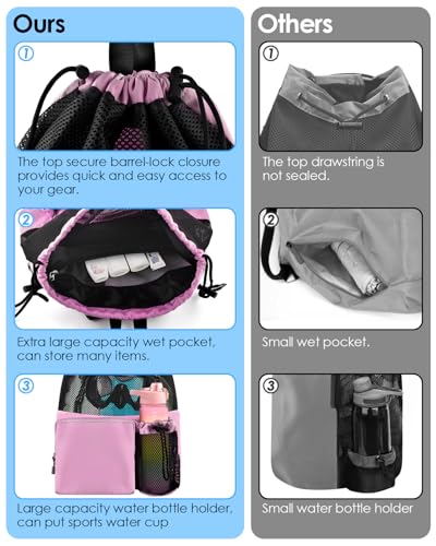 BROTOU Swim Bag Beach Backpack with Wet Pocket Mesh Drawstring Bags for Swimming, Gym - color: Pink