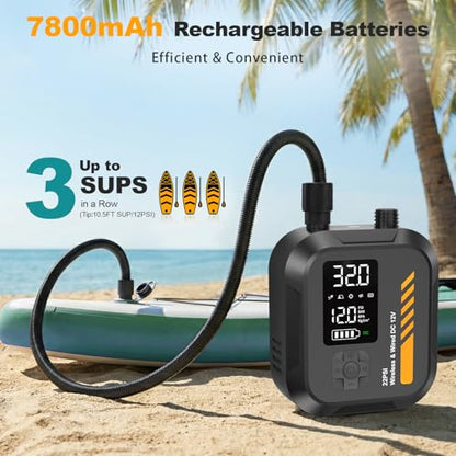 Paddle Board Pump Electric Portable,Rechargeable 22 PSI SUP Air Pump,Dual Power 7800mAh,12V DC Car Plug,Inflation Deflation,Auto-Off,for Paddleboard,Kayak,Kite,Tent,Kayaks - color: Black
