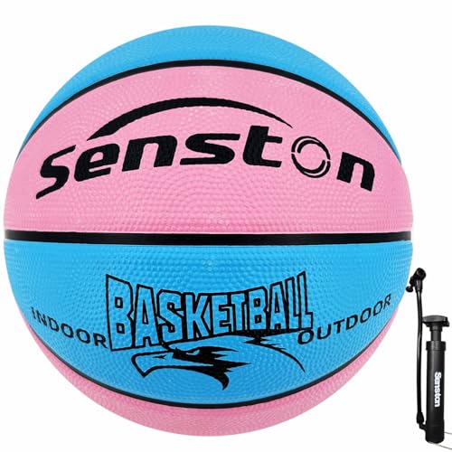 Senston 25.5''/27.5''/29.5'' Outdoor Basketball Ball Excellent Elasticity/Grip Rubber Basketballs with Pump, Durable Size 3/5/7 Outdoor/Indoor Basketball - color: Blue/Pink, size: 27.5''/Size 5