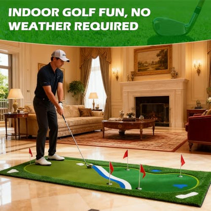 Golf Putting Green Mat - 5FT×10FT/5FT×12FT Putting Green Indoor, Professional Golf Putting Mat with Realistic Turf, Golf Simulators for Home, Multi Holes & Flags for Outdoor Golf Practice