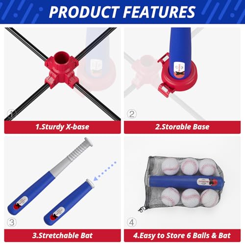 HYES 3-in-1 Baseball Set for Kids 3-5 - Tee Ball Stand, Hanging Tee, Ball Launcher and 6 Softballs - Adjustable Height, Indoor/Outdoor Sport Gifts for Boys Girls, Blue