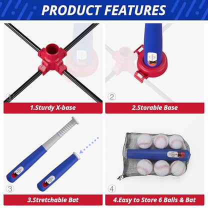 HYES 3-in-1 Baseball Set for Kids 3-5 - Tee Ball Stand, Hanging Tee, Ball Launcher and 6 Softballs - Adjustable Height, Indoor/Outdoor Sport Gifts for Boys Girls, Blue