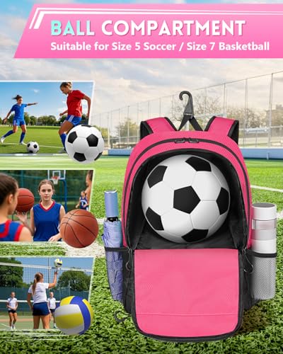 MATEIN Girls Soccer Backpack, Large Basketball Bag with Ball Holder & Shoe Compartment for Tournament & Game Day, Lightweight Youth Sports Bag with Fence Hook Fits 15.6 Inch Laptop, Soccer Team Gifts - color: Pink