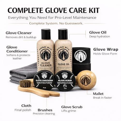 Rhino Wax - Baseball Golden Glove Break-in Kit - Oil for Ball Gloves, Mitt Conditioner, Glove Scrub, Daily Cleaner, Mallet, Wrap, Brushes, & 2 Microfiber Cloths - for Breaking in and Maintaining