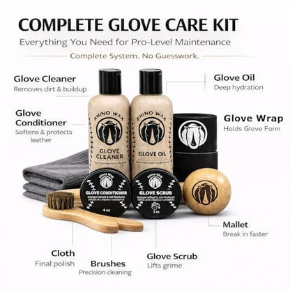 Rhino Wax - Baseball Golden Glove Break-in Kit - Oil for Ball Gloves, Mitt Conditioner, Glove Scrub, Daily Cleaner, Mallet, Wrap, Brushes, & 2 Microfiber Cloths - for Breaking in and Maintaining