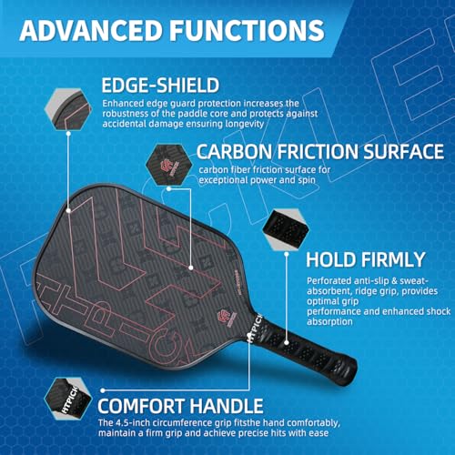 Pickleball Paddles, Professional Carbon Fiber Pickleball Paddle for High Spin & Powerful Shots with Honeycomb Core Pickleball Racket for Indoor Outdoor Play