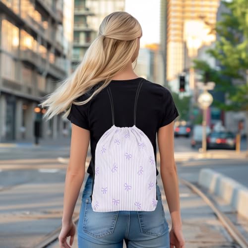 Castle Fairy Bow Drawstring Gym Bag,Purple Bowknot Stripes Foldable Waterproof Drawstring Backpack,Sweet Princess Style Draw String Back Bags for Shopping,Swimming,Beach - color: Purple
