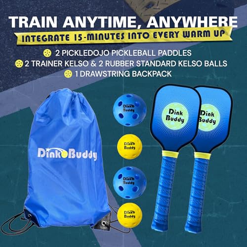 3-in-1 (with 1 Mini 6’ Wide Pickleball Net) & 2-in-1 Pickleball Trainer Options, Sports Gifts with 4 Kelso Balls (2 Trainer + 2 Standard), 2 PickleDojo Paddles, & 1 Drawstring Backpack - size: 2-in-1