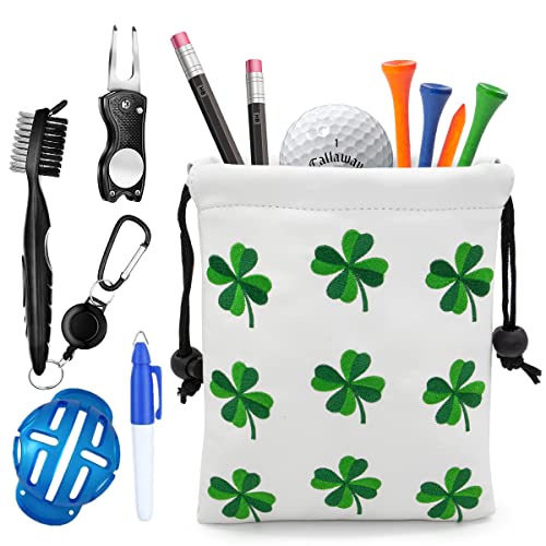 Golf Valuables Pouch, Leather Golf Tee Pouch with Drawstring Closure Golf Ball Tee Handbag Portable Golf Accessories - color: Lucky Clover