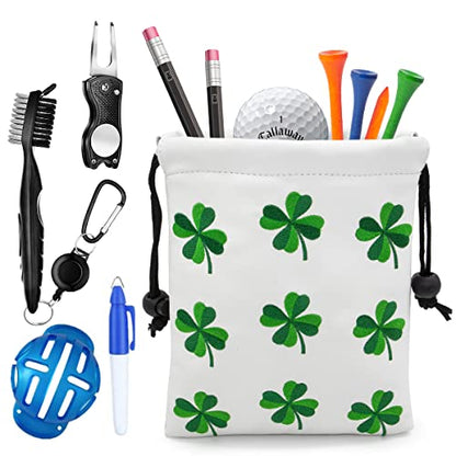 Golf Valuables Pouch, Leather Golf Tee Pouch with Drawstring Closure Golf Ball Tee Handbag Portable Golf Accessories - color: Lucky Clover