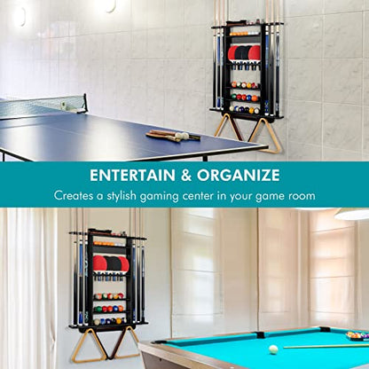 XCSOURCE Pool Stick Holder - 2-IN-1 Pool Cue & Ping Pong Paddle Rack, Solid Pine Wood Wall Mount for Billiards and Table Tennis Accessories, Man Cave, Game Room - color: 2-IN-1 Black