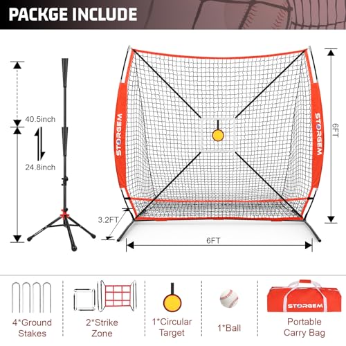 Storgem 6'X6' Baseball Softball Practice Net, Portable Baseball Net for Batting, Hitting, Pitching and Fielding, Carry Bag, Strike Zone and Batting Tee, Great for Kids Adult Youth