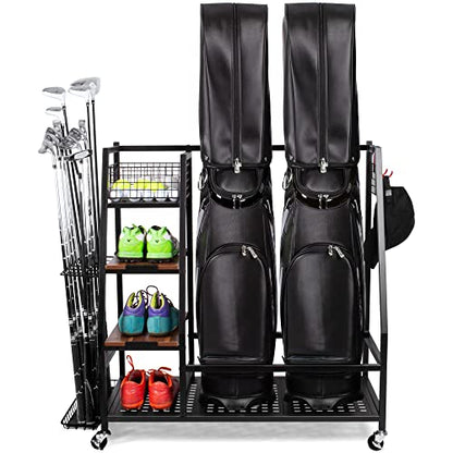 Sttoraboks Golf Bags Storage Garage Organizer, Golf Bag Rack Fits 2/3 Golf Bags and Golf Equipment Accessories, Golf Club Storage Stand with Wooden Shelf and Lockable Wheels for Garage Indoor Basement - style: 2pcs Bag Stand