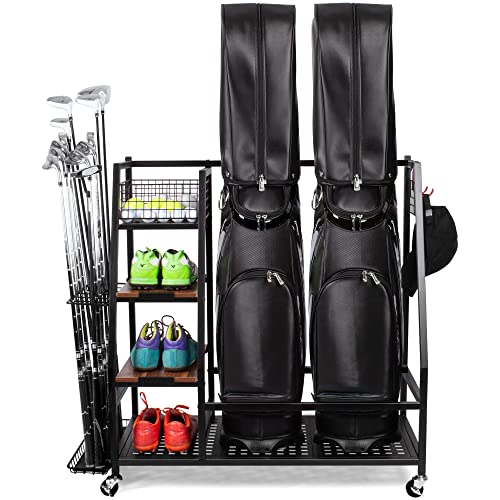 Sttoraboks Golf Bags Storage Garage Organizer, Golf Bag Rack Fits 2/3 Golf Bags and Golf Equipment Accessories, Golf Club Storage Stand with Wooden Shelf and Lockable Wheels for Garage Indoor Basement - style: 2pcs Bag Stand