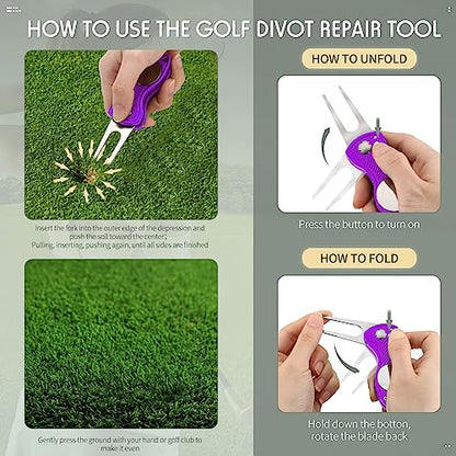 Skylety 4 Pcs Golf Divot Repair Tool Metal Foldable Golf Divot Tool with Magnetic Pop-up Button Ball Marker Stainless Steel Switchblade for Golfers Prizes - color: Purple