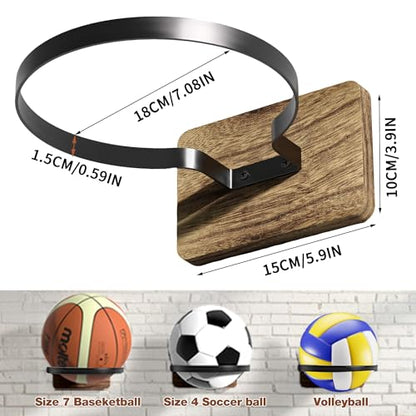 Basketball Holder Wall Mount with Wooden Base, 2 Pcs Ball Storage Holder for Football Basketball Soccer Rugby Display Rack - Boys Sports Accessories Organizer