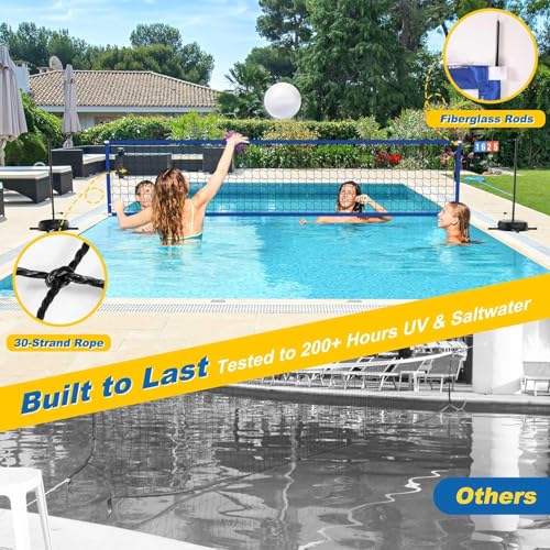 Pool Volleyball Net with 24/7 LED Lights – Adjustable Max Width 32FT Height 7.5FT, Ideal for Inground Pools, Backyard Party, Adults & Kids, Scoreboard Included