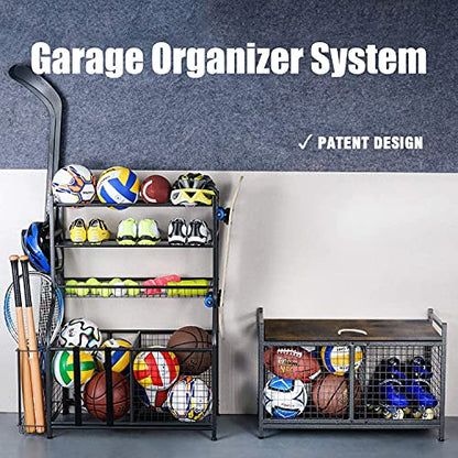 Mythinglogic Rolling Ball Storage Cart, Sports Equipment Storage Organizer for Garage/Basement/Entryway, Ball Storage Bin with Casters (Medium)