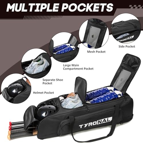 Baseball Bag with Wheels for 4 Bats,Soft Rolling Baseball Bag With Multi-Pockets, Fence Hook, Holds All Baseball Equipment.
