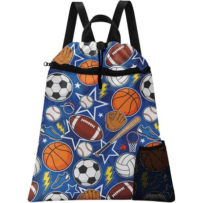 Sports Ball Drawstring Backpack, 15” x 17” Waterproof Swim Bag for Beach Swimming Pool, Lightweight Foldable Gym Bag with Water Bottle Holder for Sports Travel