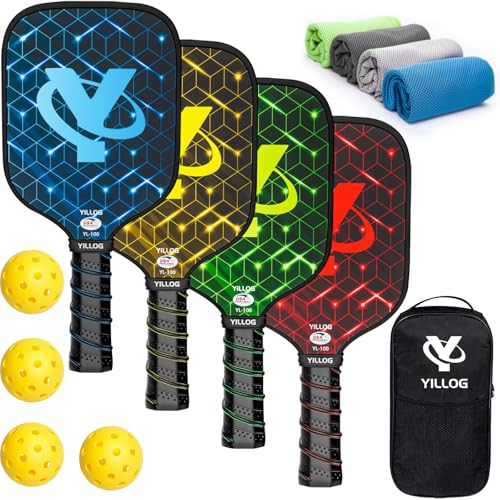 YILLOG Pickleball Paddles, USAPA Approved Pickleball Paddle Set of 4, Fiberglass Surface Pickleball Set, 4 Pickleball Balls, 4 Cooling Towels, Pickleball Bag, Pickle Ball Paddle for Men Women